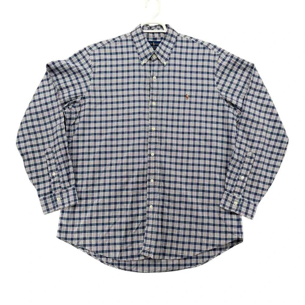 Polo Ralph Lauren Mens XL Classic Fit Plaid Button Down Shirt Navy Blue Cotton